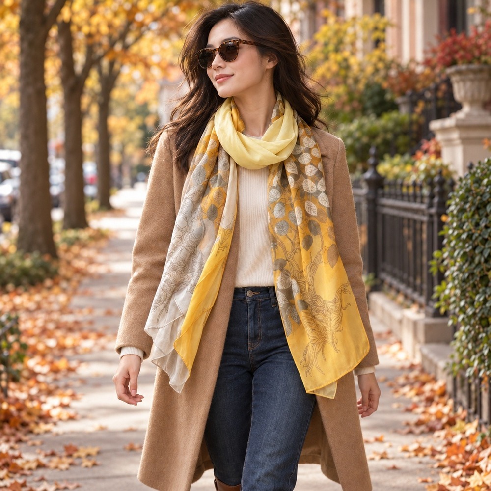 100% Mulberry Silk Yellow Botanical Sheer Lightweight Scarf Rectangular Wrap